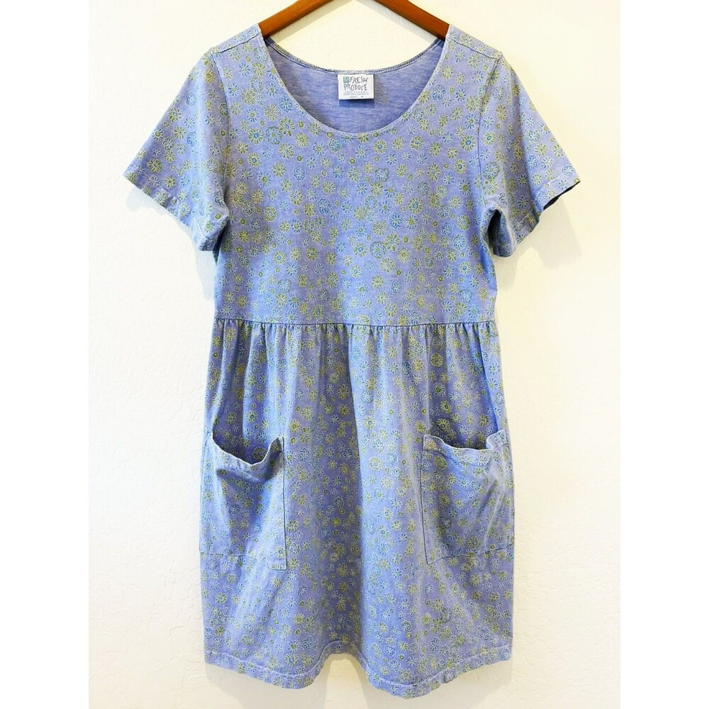 Vintage Fresh Produce MEDIUM Floral Midi Dress Short Sleeve Y2K Blue Green White